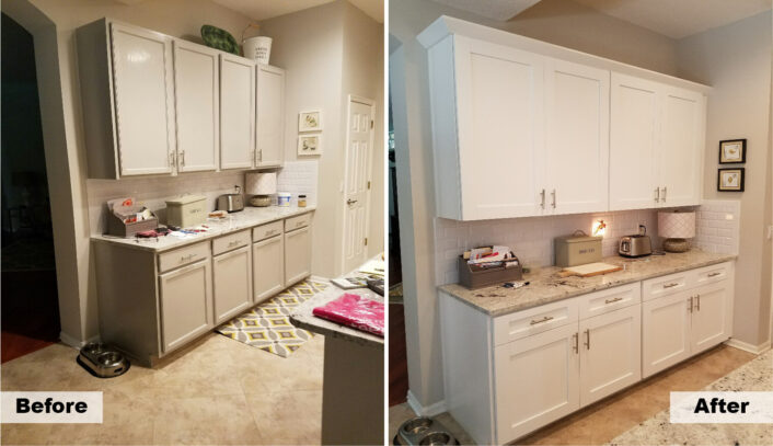 Transitional hybrid kitchen remodel done with cabinet refacing and new cabinetry