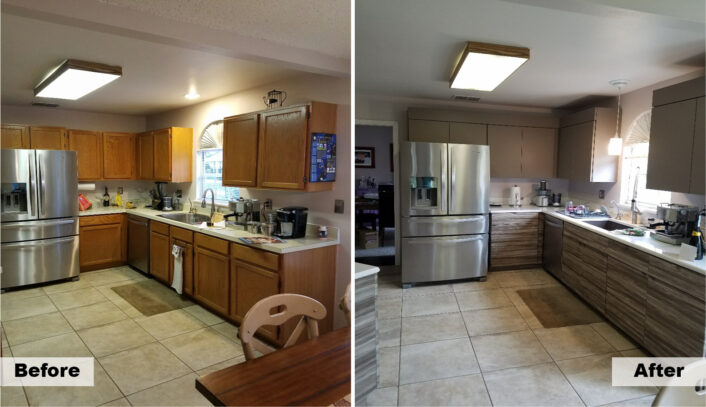 Contemporary two-tone kitchen remodel done with cabinet refacing