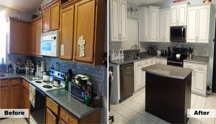 Transitional hybrid kitchen remodel done with cabinet refacing and new cabinetry