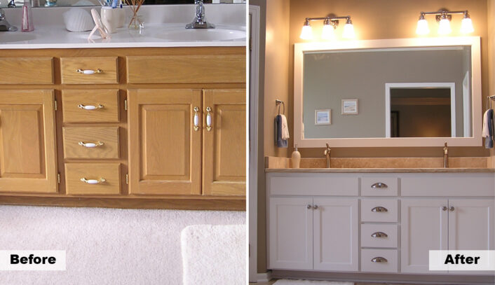 Traditional bathroom remodel done with cabinet refacing