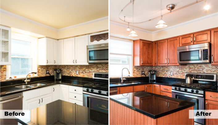 Contemporary kitchen remodel done with cabinet refacing