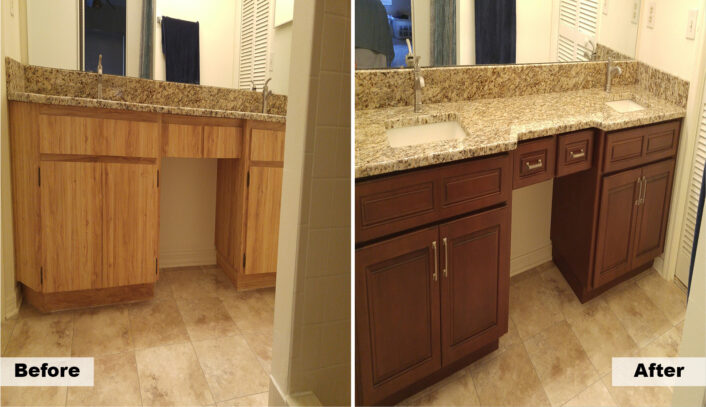 Traditional bath remodel done with cabinet refacing