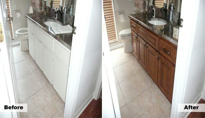 Traditional bath remodel done with cabinet refacing